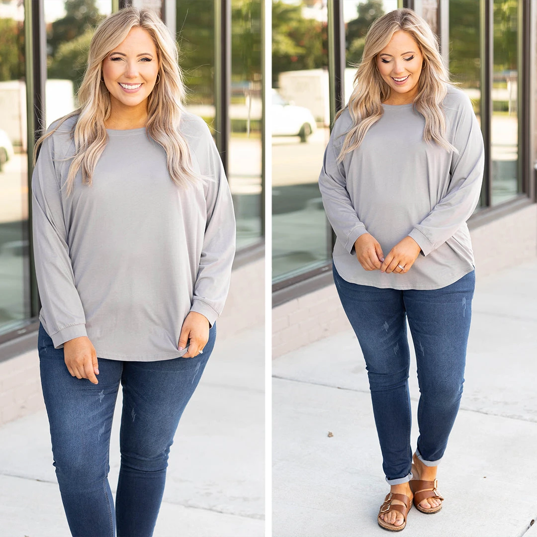 Curved Hem Slouchy Dolman Tunic, Smokey Gray 6 Curved Hem Slouchy Dolman Tunic, Smokey Gray - Image 6