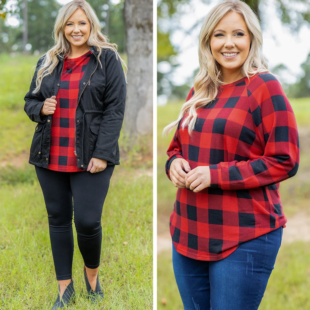 Curved Hem Slouchy Dolman Tunic, Red Plaid 9 Curved Hem Slouchy Dolman Tunic, Red Plaid - Image 9