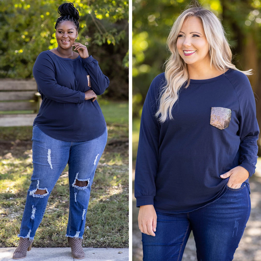 Curved Hem Slouchy Dolman Tunic, Navy Sequin 9 Curved Hem Slouchy Dolman Tunic, Navy Sequin - Image 9