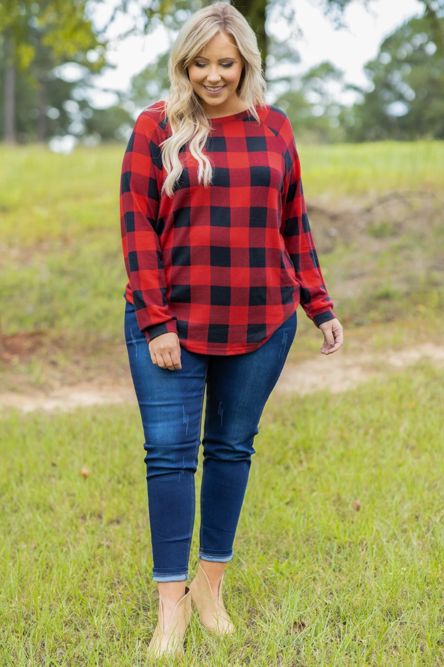 Curved Hem Slouchy Dolman Tunic, Red Plaid 2 Curved Hem Slouchy Dolman Tunic, Red Plaid - Image 2