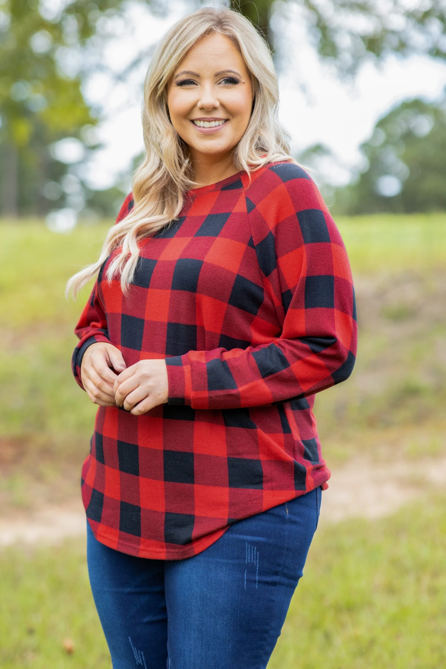 Curved Hem Slouchy Dolman Tunic, Red Plaid 1 Curved Hem Slouchy Dolman Tunic, Red Plaid