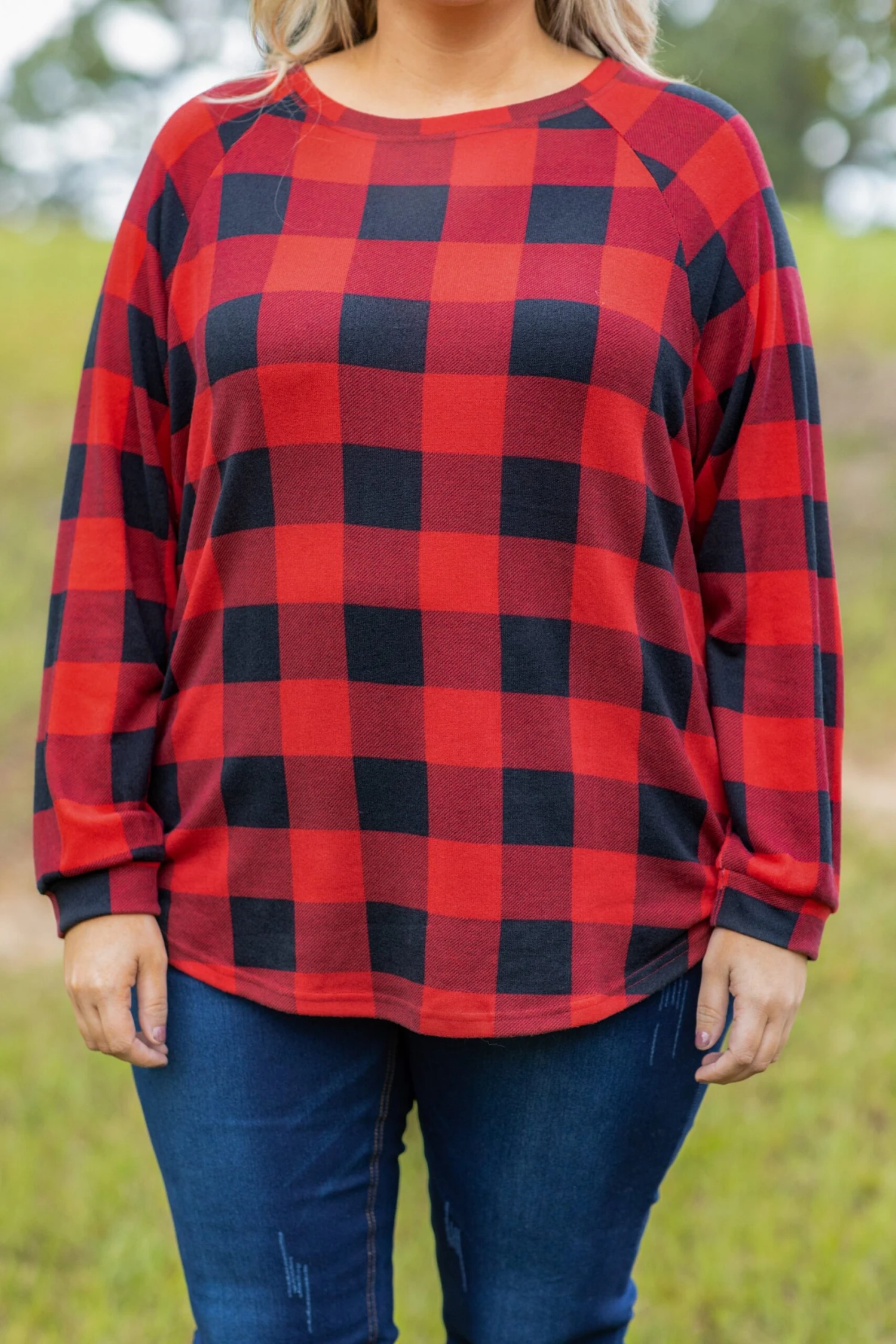 Curved Hem Slouchy Dolman Tunic, Red Plaid 7 Curved Hem Slouchy Dolman Tunic, Red Plaid - Image 7
