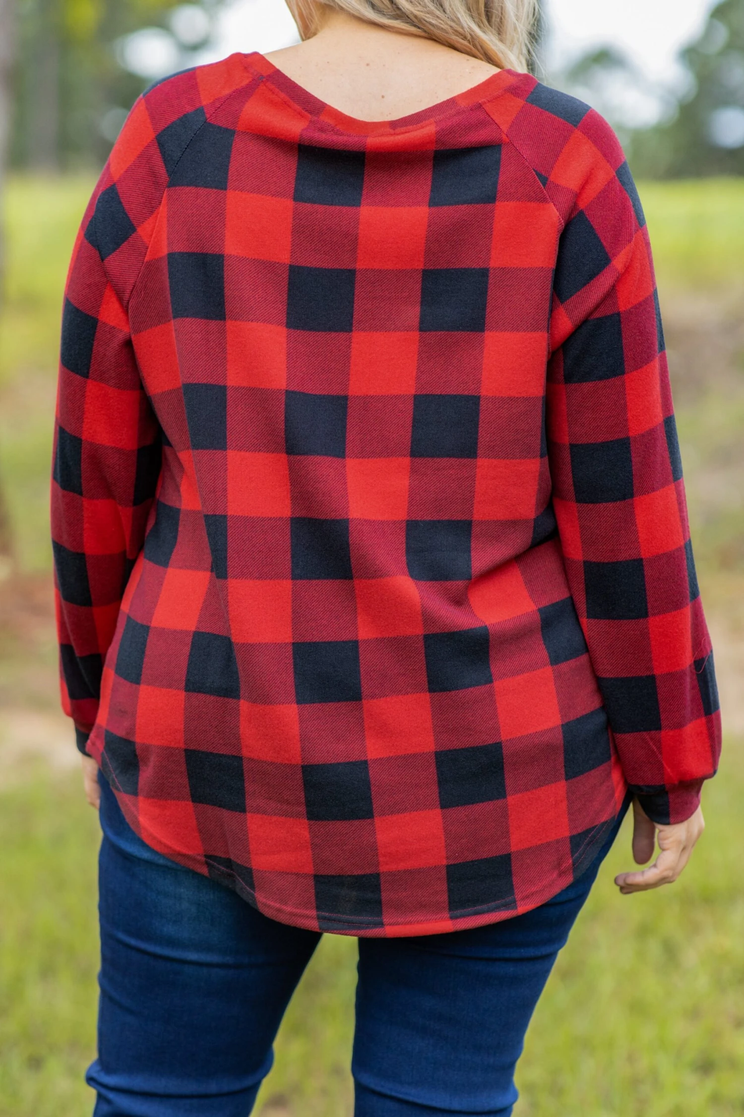 Curved Hem Slouchy Dolman Tunic, Red Plaid 8 Curved Hem Slouchy Dolman Tunic, Red Plaid - Image 8