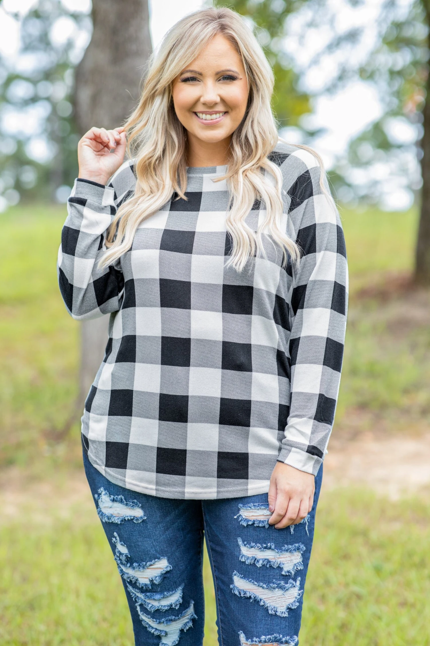 Curved Hem Slouchy Dolman Tunic, White Plaid 1 Curved Hem Slouchy Dolman Tunic, White Plaid