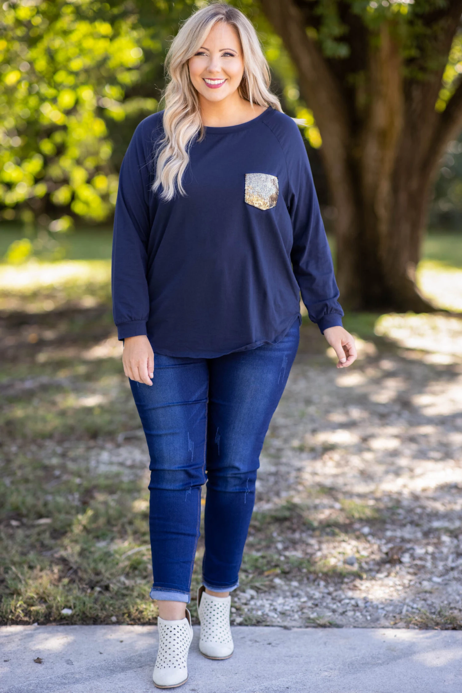 Curved Hem Slouchy Dolman Tunic, Navy Sequin 3 Curved Hem Slouchy Dolman Tunic, Navy Sequin - Image 3