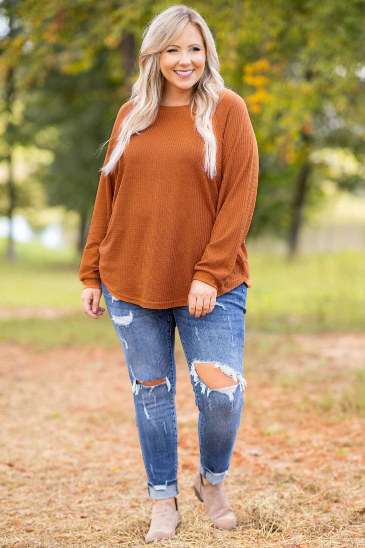Curved Hem Slouchy Dolman Tunic, Orange Thermal 3 Curved Hem Slouchy Dolman Tunic, Orange Thermal - Image 3