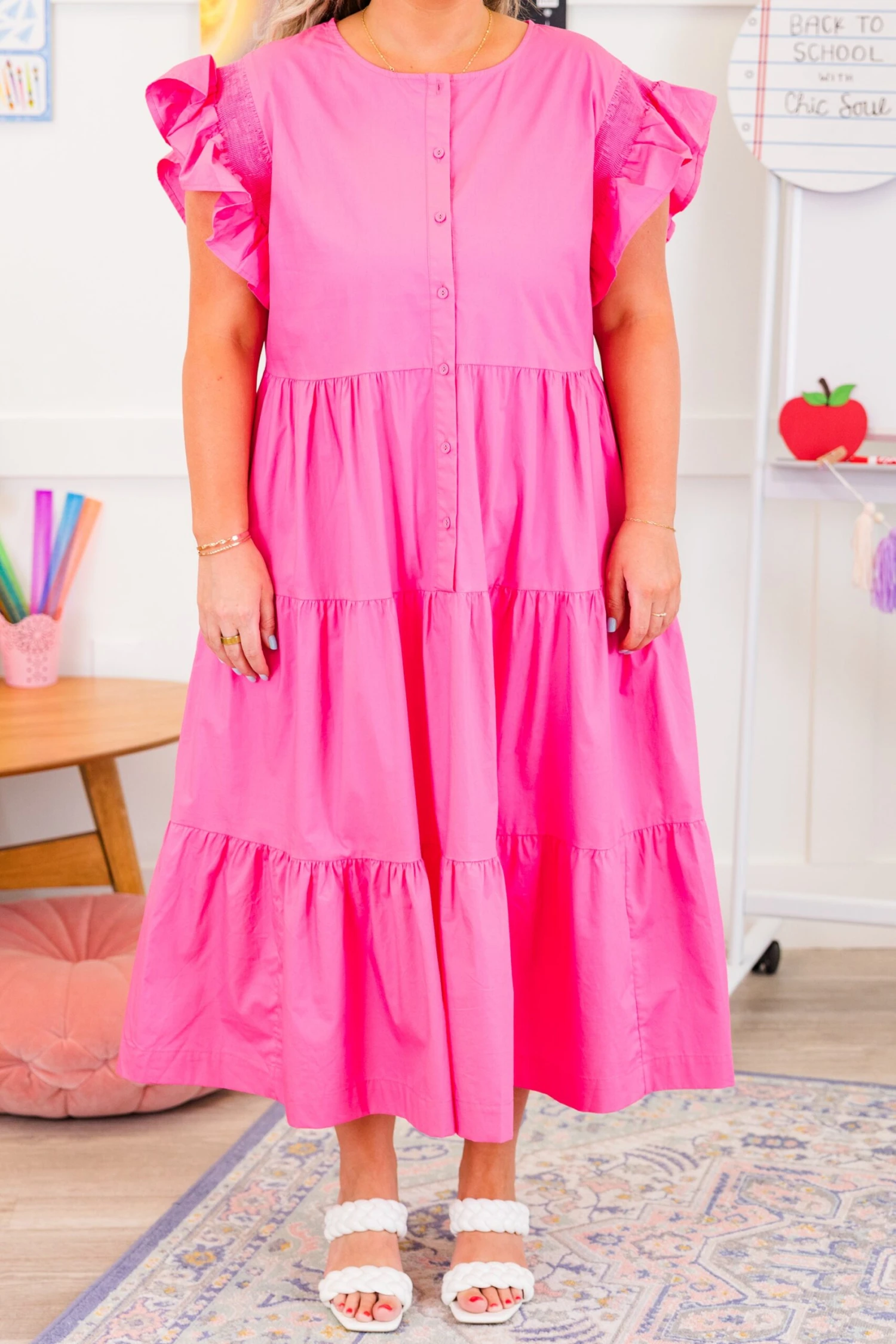 Blushing Button Midi Dress, Hot Pink 6 Blushing Button Midi Dress, Hot Pink - Image 6