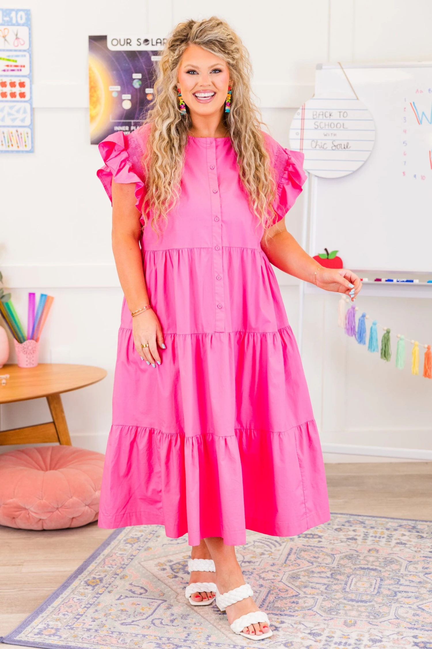 Blushing Button Midi Dress, Hot Pink 3 Blushing Button Midi Dress, Hot Pink - Image 3