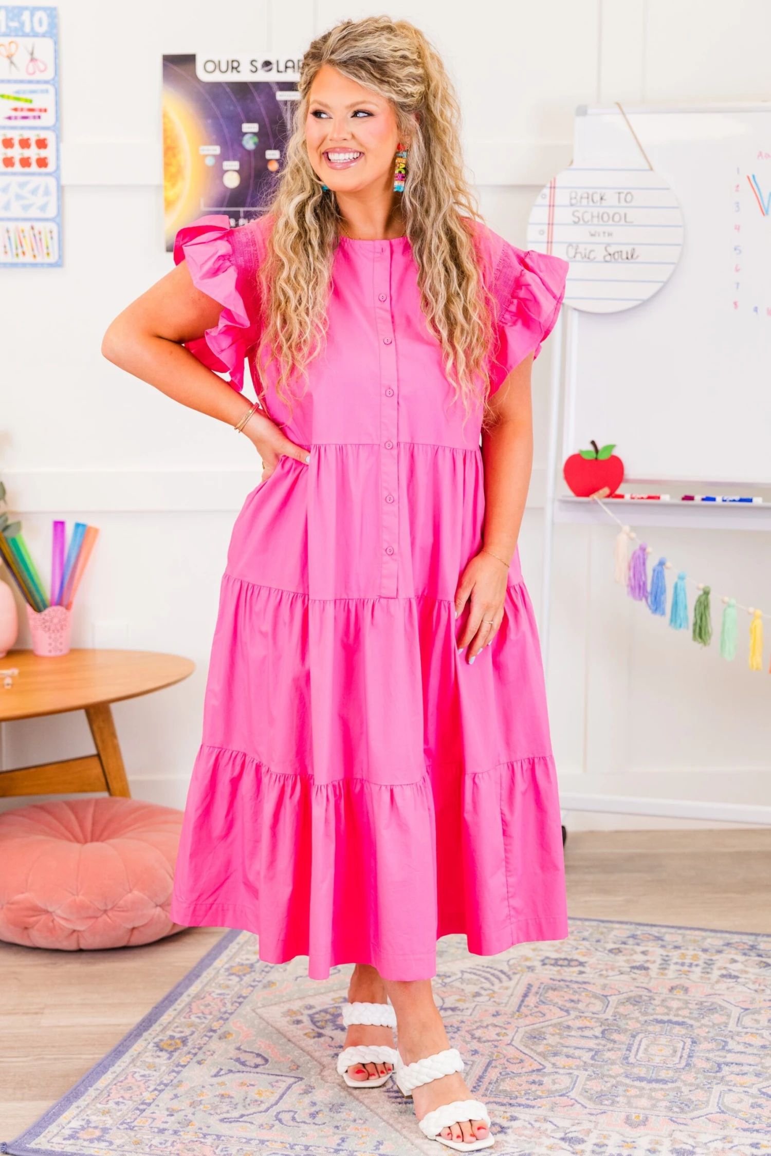 Blushing Button Midi Dress, Hot Pink 4 Blushing Button Midi Dress, Hot Pink - Image 4