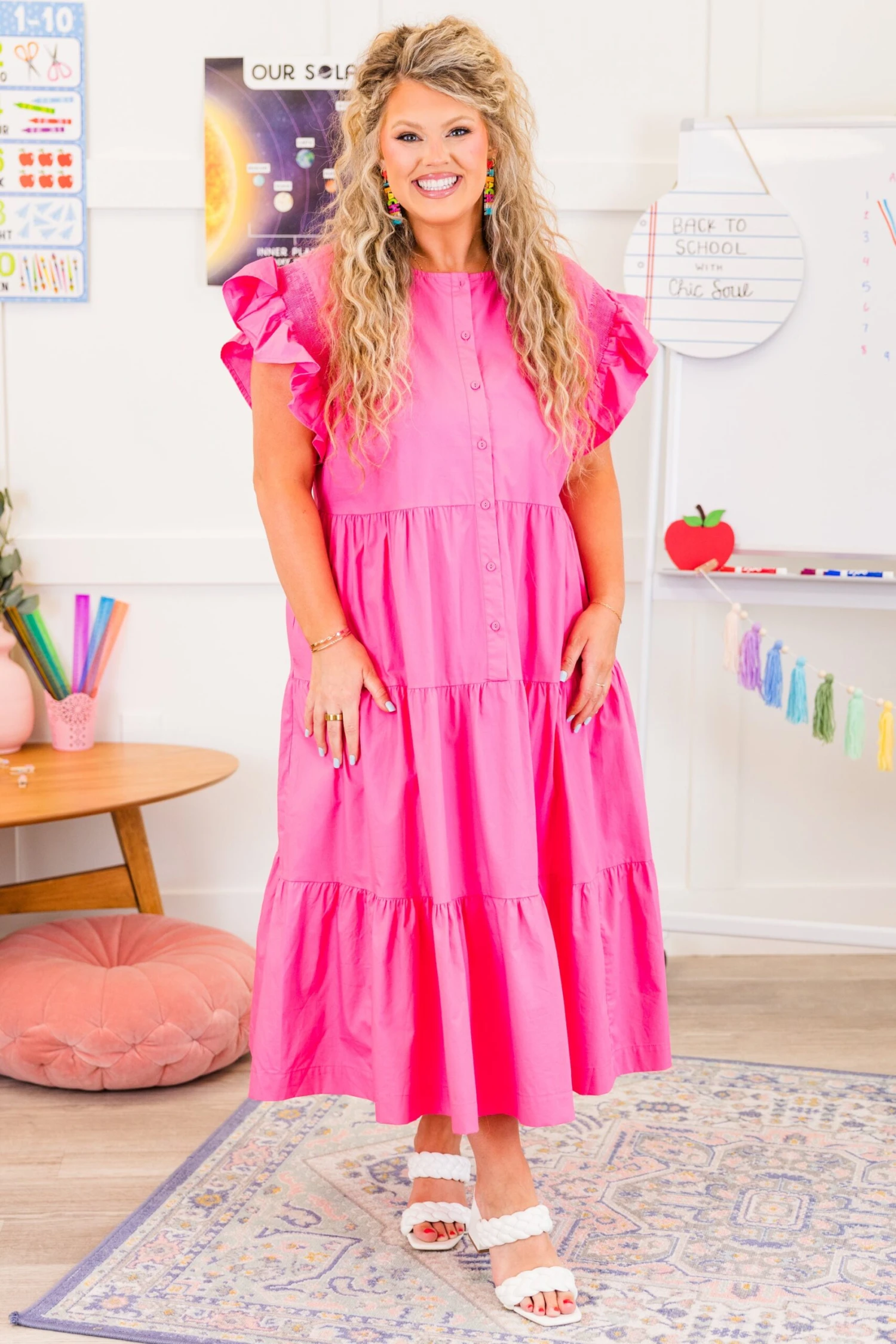 Blushing Button Midi Dress, Hot Pink 2 Blushing Button Midi Dress, Hot Pink - Image 2