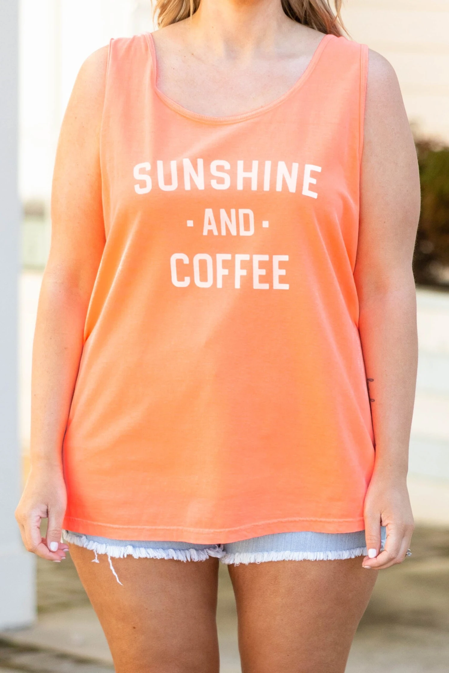 Comfort Colors: Sunshine And Coffee Tank, Neon Red Orange 4 Comfort Colors: Sunshine And Coffee Tank, Neon Red Orange - Image 4