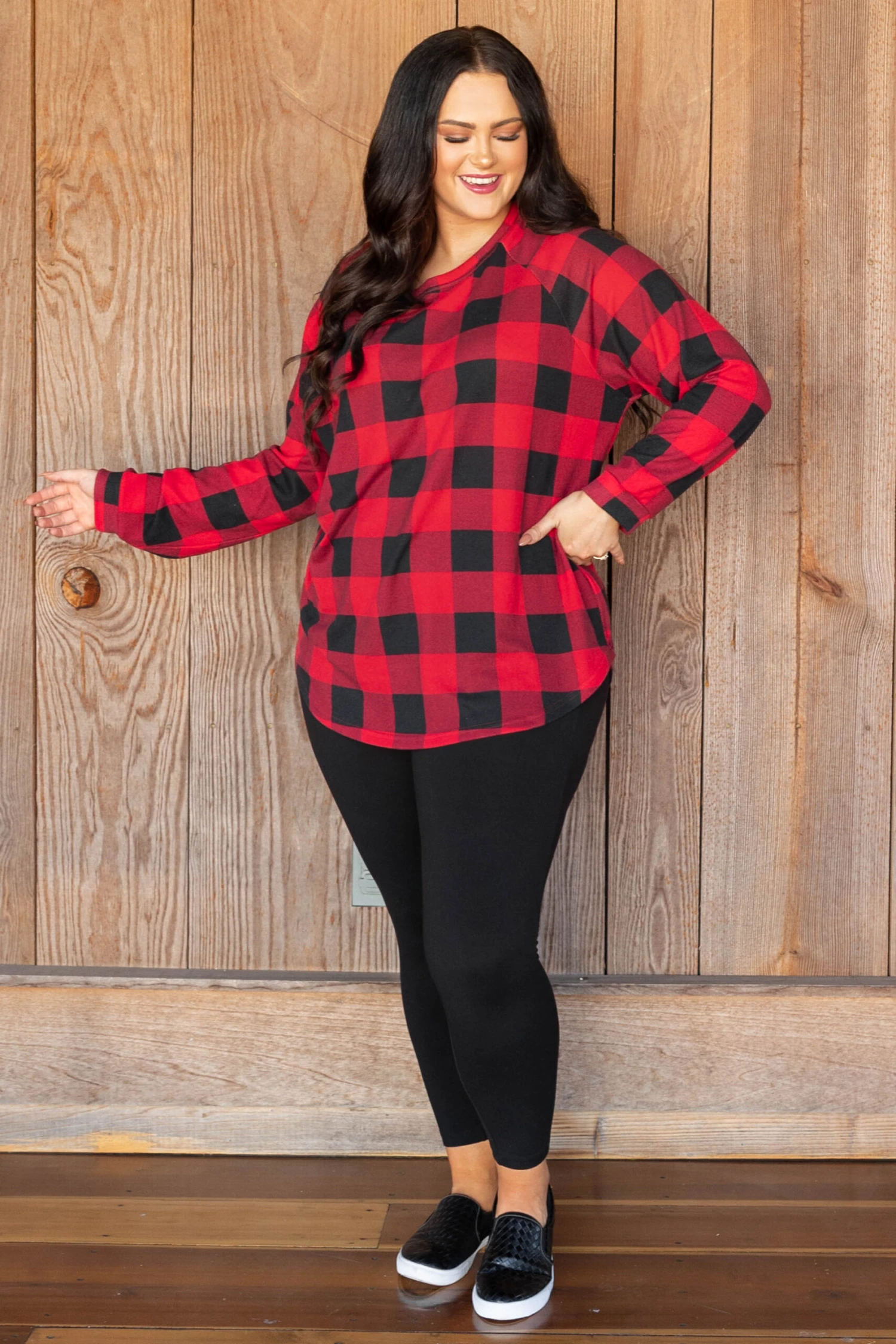 Curved Hem Slouchy Dolman Tunic, Red Plaid 3 Curved Hem Slouchy Dolman Tunic, Red Plaid - Image 3