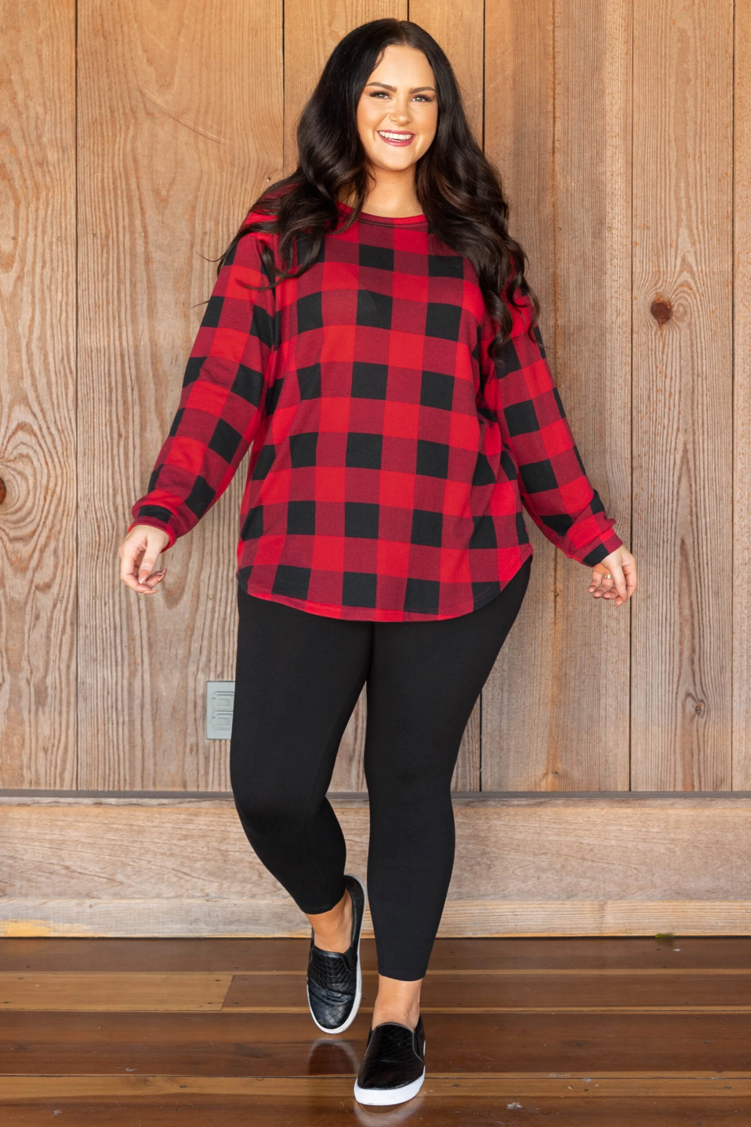 Curved Hem Slouchy Dolman Tunic, Red Plaid 5 Curved Hem Slouchy Dolman Tunic, Red Plaid - Image 5