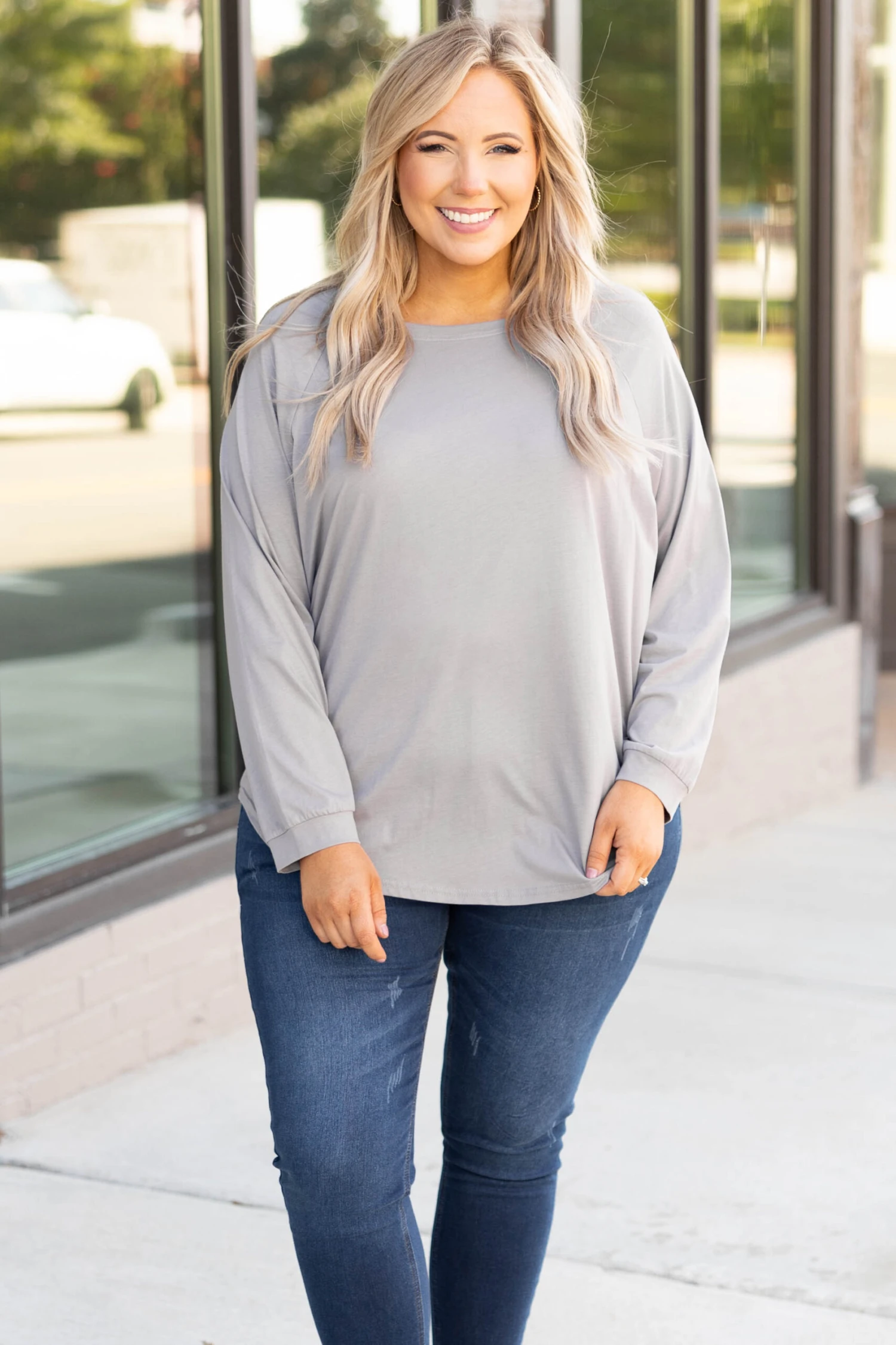 Curved Hem Slouchy Dolman Tunic, Smokey Gray 1 Curved Hem Slouchy Dolman Tunic, Smokey Gray