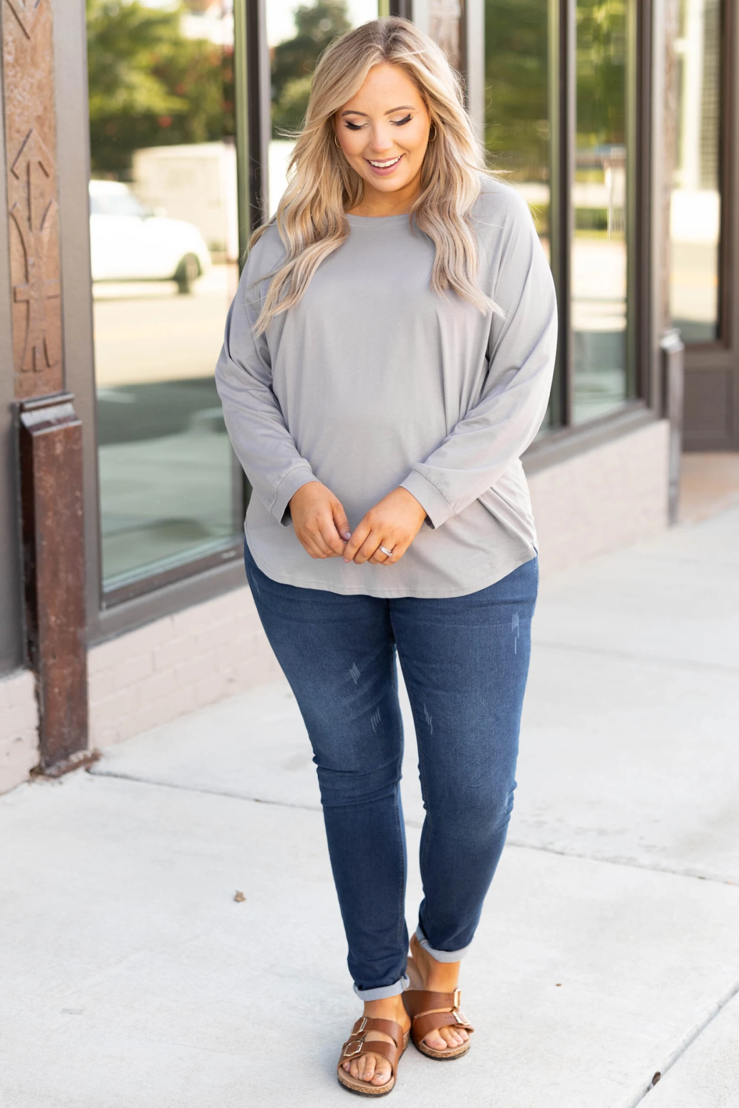 Curved Hem Slouchy Dolman Tunic, Smokey Gray 2 Curved Hem Slouchy Dolman Tunic, Smokey Gray - Image 2