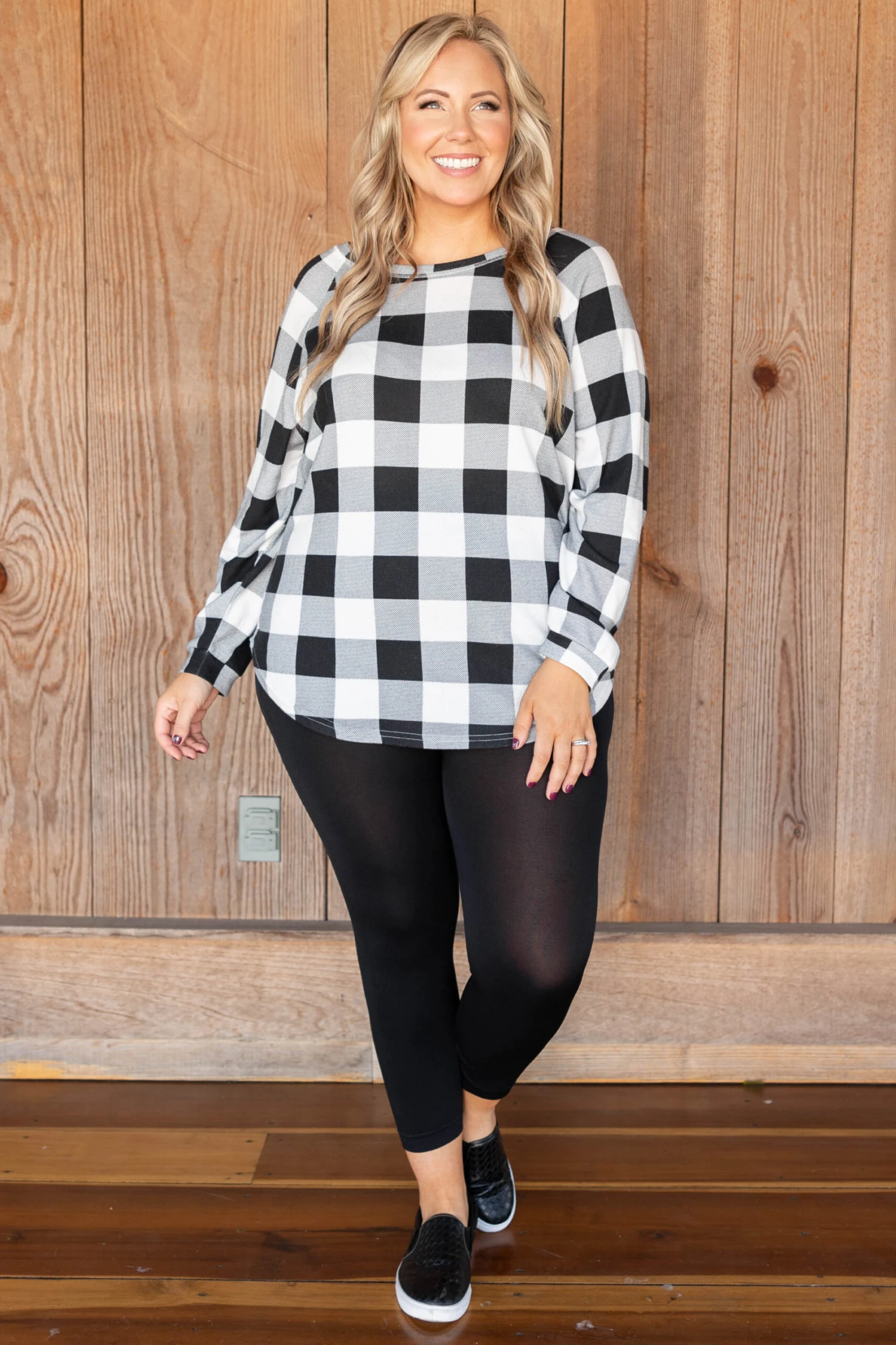 Curved Hem Slouchy Dolman Tunic, White Plaid 4 Curved Hem Slouchy Dolman Tunic, White Plaid - Image 4