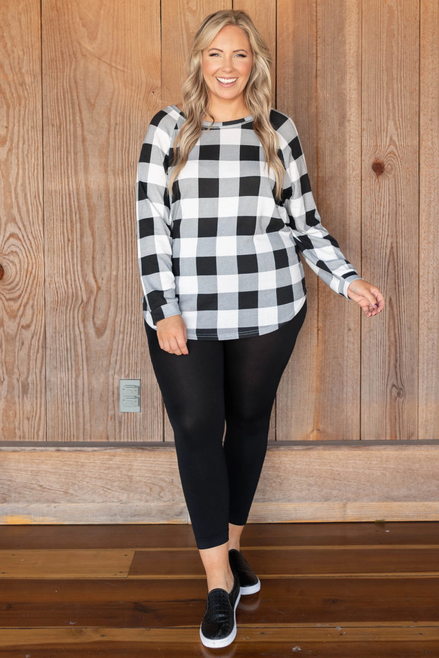 Curved Hem Slouchy Dolman Tunic, White Plaid 5 Curved Hem Slouchy Dolman Tunic, White Plaid - Image 5