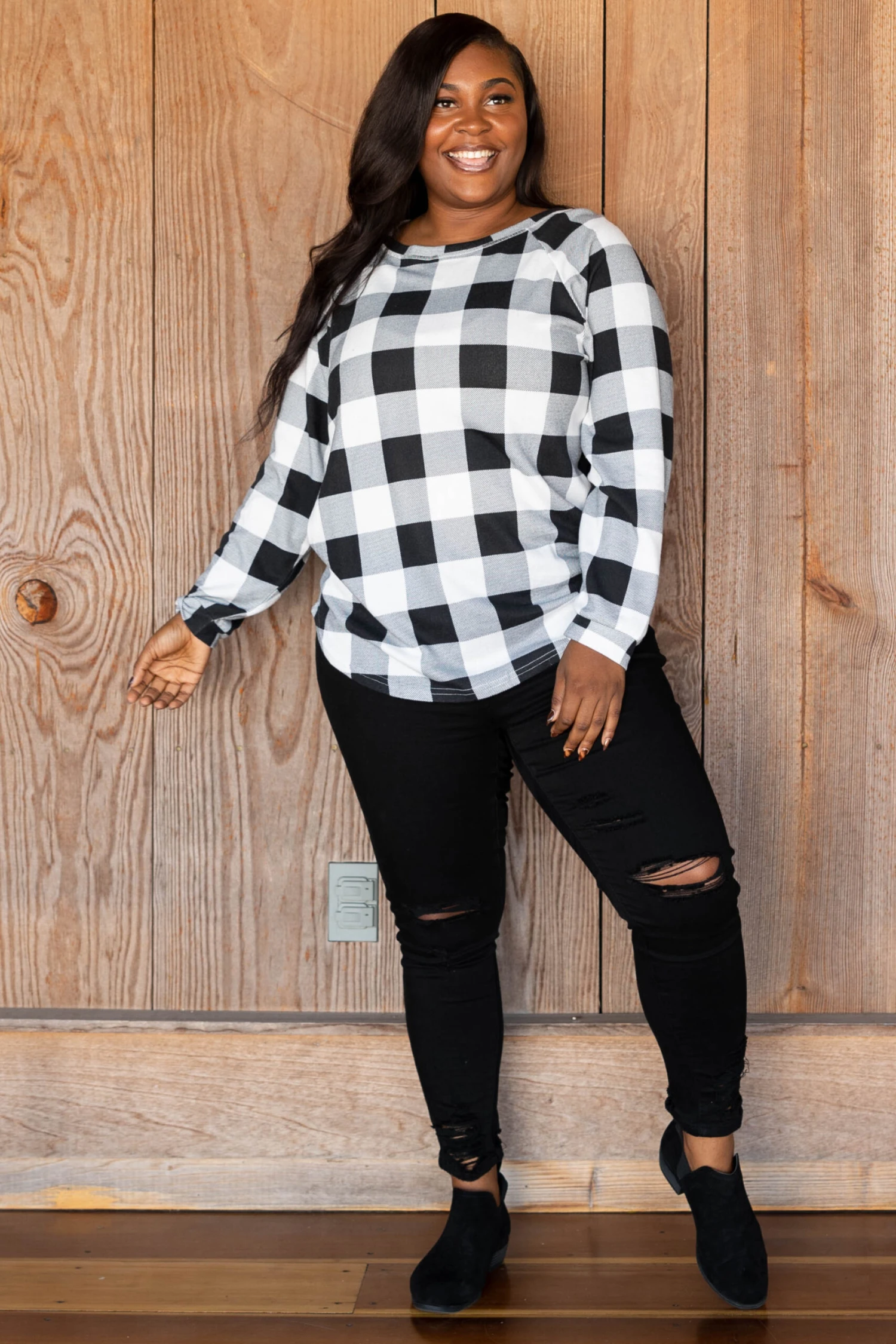 Curved Hem Slouchy Dolman Tunic, White Plaid 2 Curved Hem Slouchy Dolman Tunic, White Plaid - Image 2