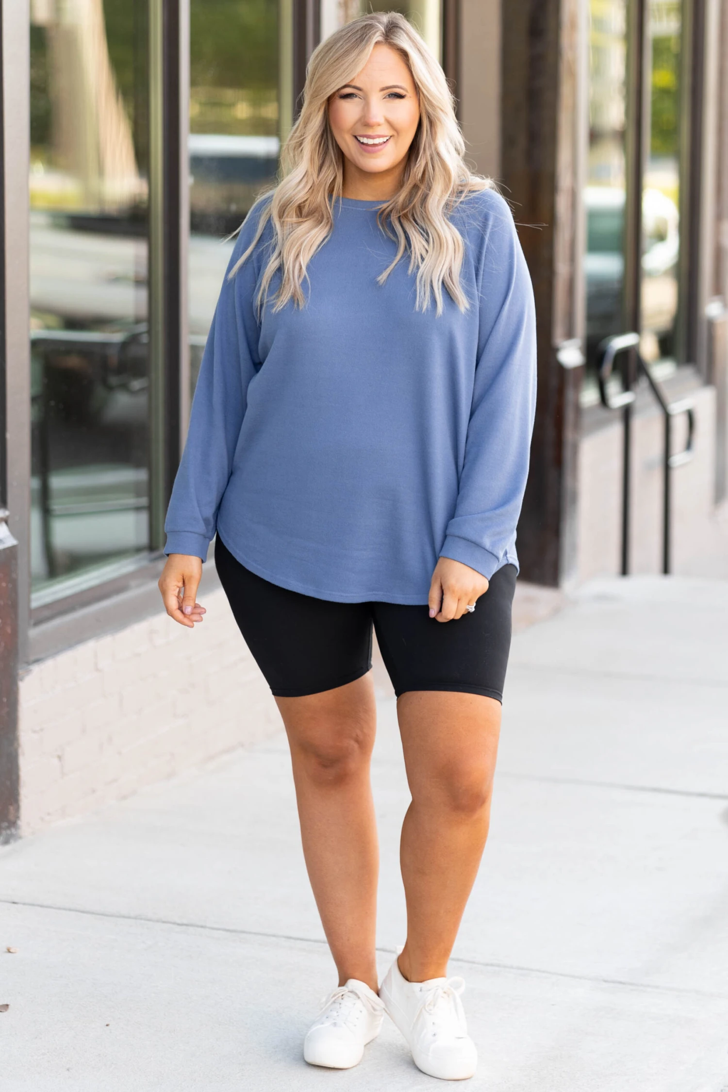 Curved Hem Slouchy Dolman Knitted Tunic, Denim 4 Curved Hem Slouchy Dolman Knitted Tunic, Denim - Image 4