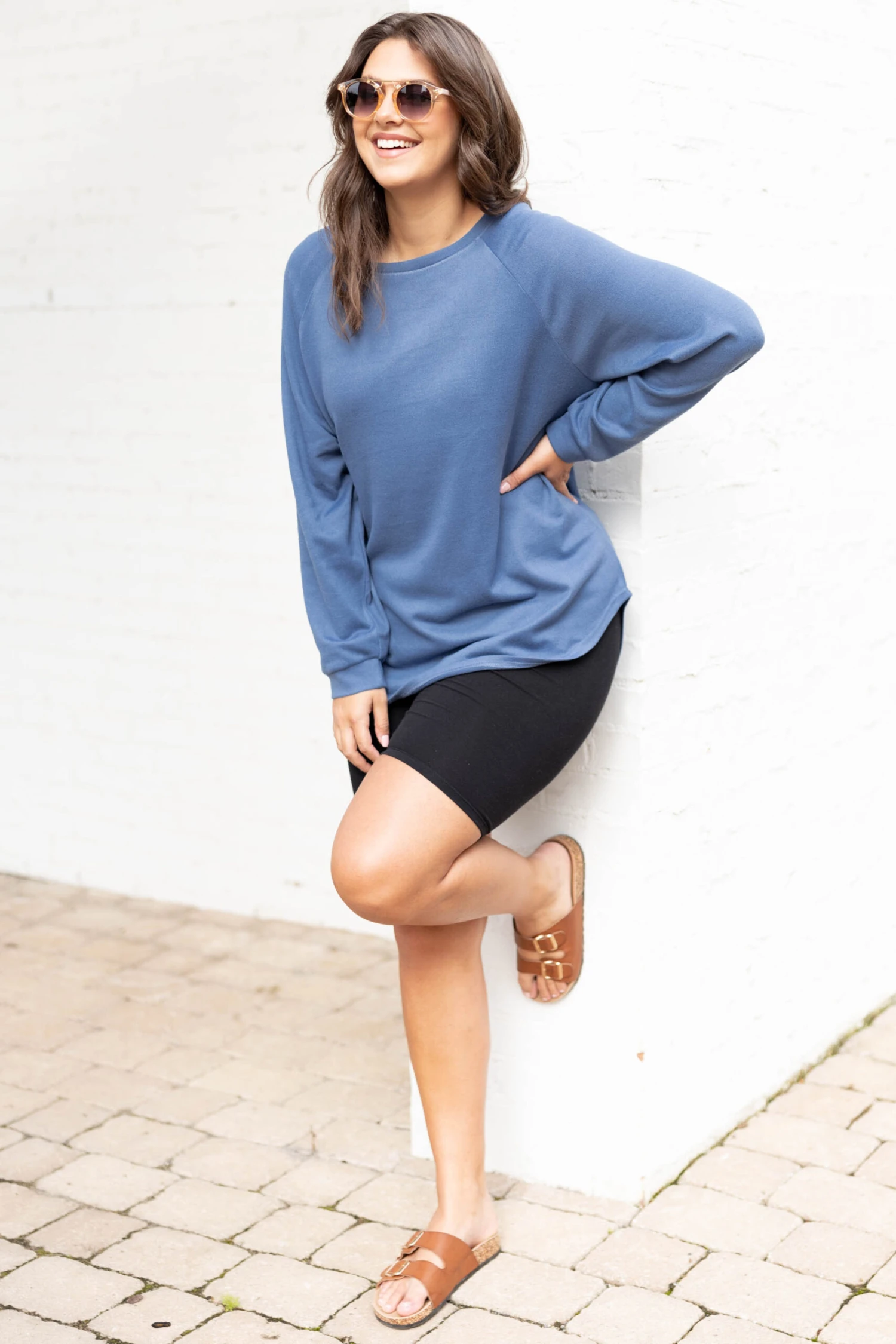 Curved Hem Slouchy Dolman Knitted Tunic, Denim 3 Curved Hem Slouchy Dolman Knitted Tunic, Denim - Image 3