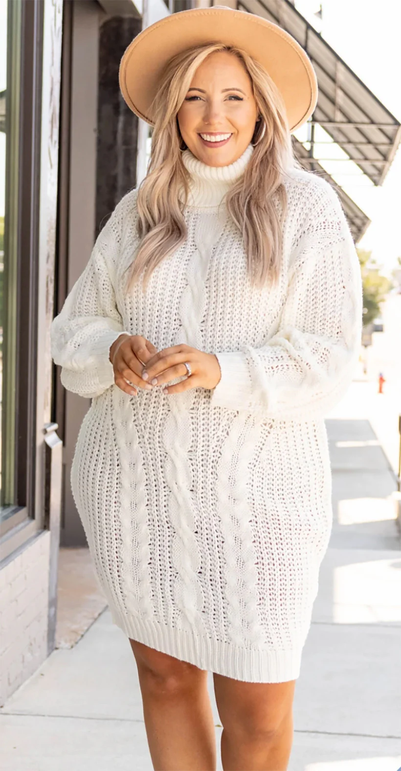 8 Essential Items to Add to Your Fall Capsule Wardrobe 3 8 Essential Items to Add to Your Fall Capsule Wardrobe -Chic Soul Store full figured woman knitted up for the cold dress cream